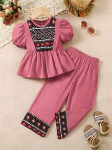 SHEIN Conjunto de 2 peças de blusa e calça estampadas modestas e casuais para meninas jovens, manga bufante vermelha