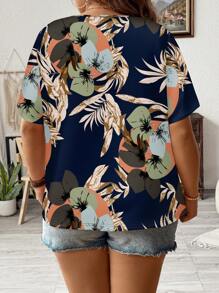 SHEIN LUNE Maglietta casual semplice vintage a fiori con scollo rotondo, vestibilità ampia, manica corta, adatta per l'estate, taglie comode