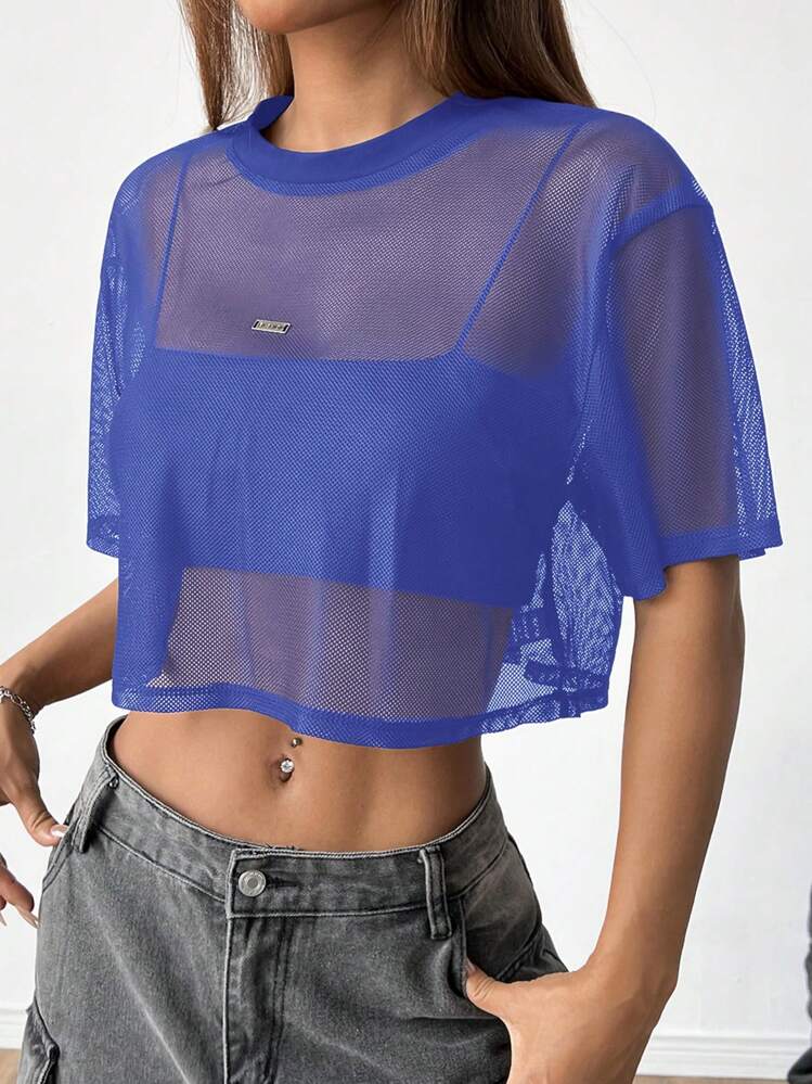 SHEIN EZwear Top de mujer con malla azul marino, simple y de moda, apropiada para el verano - azul real - Añade 4