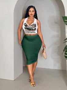 Veslaya 2pcs/Set Casual Retro Car Printed Plus Size Summer Outfit Suitable For Going Out - Dark Green - View 1