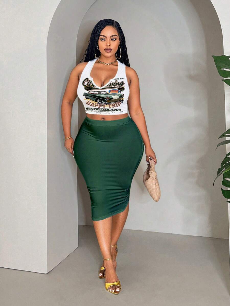 Veslaya 2pcs/Set Casual Retro Car Printed Plus Size Summer Outfit Suitable For Going Out - Dark Green - View 1