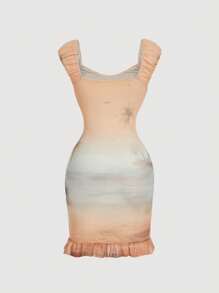 SHEIN MOD Seashell Sleeve Beach Holiday Ruffle Trim Mini Dress,Spring/Summer Outfits,Beach Outfits, Brunch Outfits,Spring Break,West,Vacation,Country,Mesh Dress - Multicolor - View 2