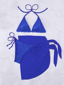 Swim Vcay 3-częściowy damski strój plażowy na lato: brokatowy trójkątny top bikini, wysoko wycięte majtki z wiązaniem po bokach, gładki siateczkowy sarong