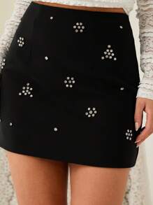 Enchnt 春夏浪漫女士黑色百搭闪亮水钻花朵装饰可爱迷你裙，甜美优雅，适合生日、节日派对、甜蜜约会、度假和毕业季，夏季女士、仙女核心和宴会，婚礼宾客裙女士，新娘送礼会裙，音乐会女士裙 - 黑色 - 查看 1