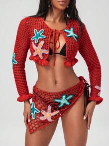 SHEIN Handmade Crochet Openwork Cardigans For Women, Starfish Embroidered, Tie-Up Long Sleeve Boat Neck Spring/Summer Outerwear
