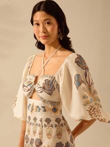 CAJUNI Váy MIDI tay bồng, họa tiết Boho cho nữ, hoa nhiệt đới, cây dừa, họa tiết hoa mẫu đơn, thắt nút rỗng, thường ngày mùa hè, kỳ nghỉ ở bãi biển - Nhiều màu - Xem 4