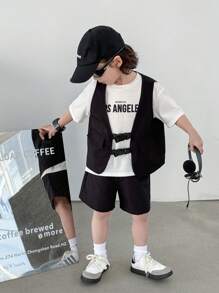Young Boys Buy Two Get One Free T-Shirt 3 Packs Young Boys Leisure Sports College Artistic Style Retro Japanese And Korean Loose Version With Work Vest And Basic Round Neck T-Shirt And Work Shorts Set