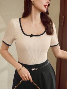 Vintamour Vintage Classic Elegant Women Patchwork Bowknot Fitted Short Sleeve T-Shirt, Peach Color Summer For Women Vacation Woman Business Casual Woman Office For Women Church Women Work Women Brunch For Women Old Money Style Women Teacher For Women Tropical Vacation Woman Bow Summer Tops Going Out Tops Festival For Women Cute Summer Tops 1960s