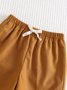 Cozy Pixies 2pcs/Set Baby Boy Contrast Color Collar Short Sleeve Top And Elastic Waist Shorts Set - Khaki - View 3