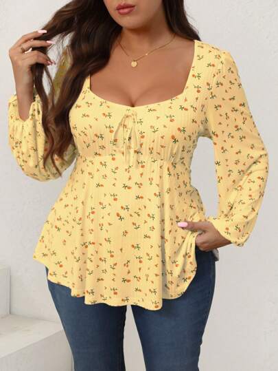 SHEIN Clasi Plus Size Women Ditsy Floral V-Neck Tie Front Lantern Sleeve Casual T-Shirt, Autumn Graphic Tees Women Tops