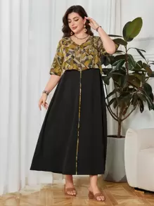 SHEIN Lacomfia V-Neck Geometric Digital Printing Patchwork Loose Retro & Generous Plus Size Arabian Dress