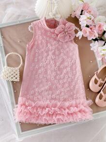 Vestido sin mangas con falda de malla, decoración de flores grandes y perlas, de tela jacquard rosa sandía para niñas pequeñas, con un aspecto dulce y lindo - Rosa - Ver 3