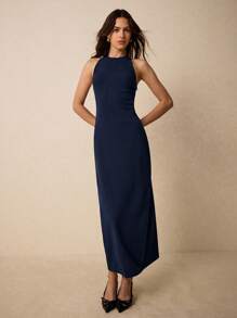 Poéselle 女式长裙，露背，金属扣装饰，优雅连衣裙，挂脖连衣裙，纯色简约时尚休闲日常穿着派对女装海滩女装夏季女装太阳裙夏季女装优雅女装连衣裙女装夏季女装性感女装春季女装露背连衣裙春季连衣裙狂欢节服装针织连衣裙老钱节 - 藏蓝色 - 查看 3