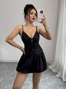 Chiquease Set de 2 piezas de camisola y shorts en unicolor informal, para el verano - Negro - Ver 1