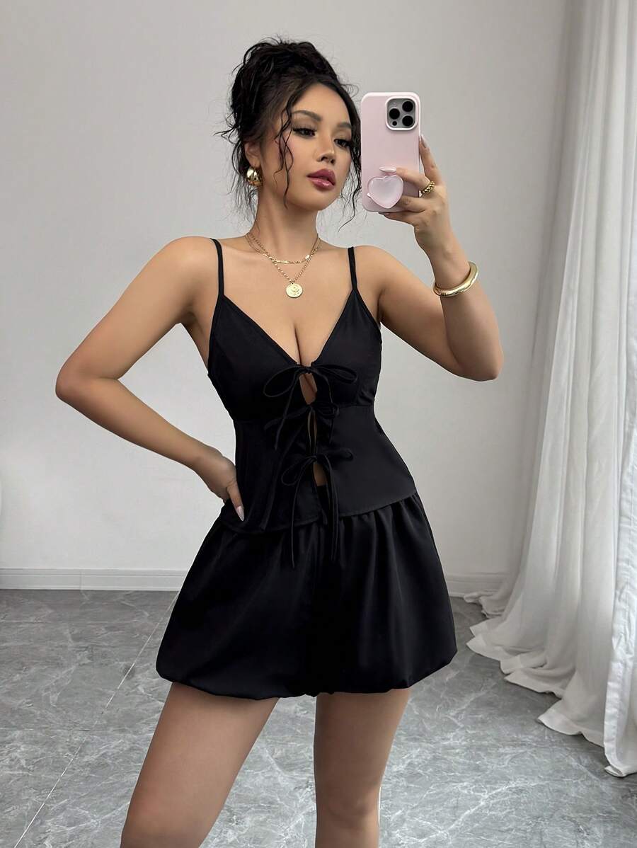 Chiquease Set de 2 piezas de camisola y shorts en unicolor informal, para el verano - Negro - Ver 1