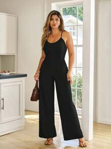 KURAYIA Women's Plus Size Elegant Romantic Spaghetti Strap Backless Tie Jumpsuit - Black - View 7