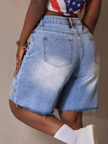 Slaydiva Women Loose Fit Distressed Denim Shorts With Pocket Designs And Rhinestones - Blue - View 3