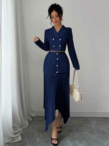 Elenzga 2 件套女士优雅不对称下摆荷叶边贴片西装领纽扣装饰褶皱腰套装