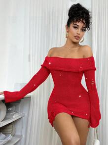 SHEIN BAE Sexy Off-Shoulder Long Sleeve Ripped Bodycon Mini Knit Dress - Red - View 6