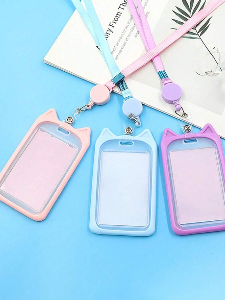 1pc Cute Minimalist Style Creative Cat Student Campus Card Sleeve Portable Work ID Protective Cover With Hanging Rope Campus Student Card Set Used In School Or Work For Men And Women - Multicolor - View 1