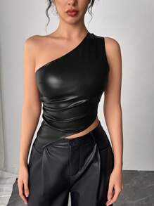 Firerie 女士勃艮第皮革衬衫，时尚褶皱腰不对称下摆单肩设计，适合优雅复古外出、性感派对和骑行时尚风格，春夏季 - 黑色 - 查看 7