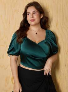 SHEIN MOD Plus Size Women's Wrapping Style Shirts With Lantern Sleeves, Made Of Jacquard Fabric - Green - View 3