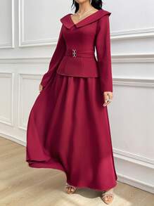 Modelyn Women's 2 Pieces Set: Solid Long Sleeve Top And Skirt - Burgundy - View 4