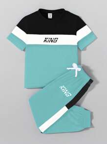 SHEIN Explorewe Young Boy Letter Print Contrast Color Short Sleeve T-Shirt And Pants Set - Multicolor - View 4