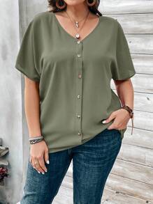 EMERY ROSE Plus Size Women's Orange Button Embellished Short Sleeve Shirt For Spring - Mint Green - View 3
