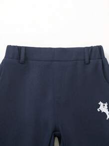 2 件年轻男孩绅士服装：条纹蓝色刺绣马匹 Polo 衫和西装短裤（配腰带），时尚休闲日常穿着，适合上学、旅行、生日派对、婚礼、戒指持有人、花童 - 藍色 - 查看 5