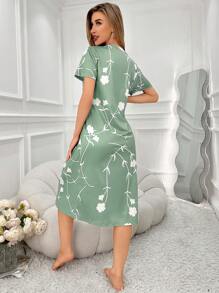 SHEIN White Floral Pattern Women's Short Sleeve Midi Nightgown, Moo Moo - Green - View 2
