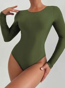SHEIN Swim SPRTY Traje de baño de una pieza de manga larga y espalda descubierta de unicolor para mujer - Verde militar - Ver 2