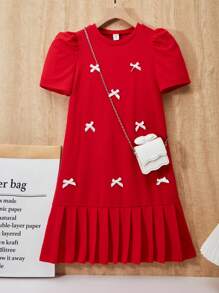 1pc Tween Girls' 3D Bow Decor Short Sleeve Pleated Dress, Loose Fit, Spring/Summer,Holiday,Summer,Travel - Red - View 3