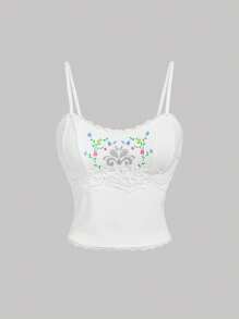 SHEIN MOD Women's Floral Print Contrast Lace Fashion Camisole Top,Summer Tops,Beach For Woman,Off The Shoulder Top,Boho - White - View 1