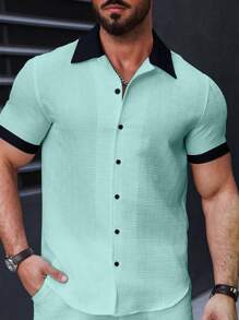 Manfinity Homme Short Sleeve Casual Shirt, Suitable For Summer, Mint Green Outfit Men
