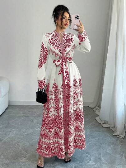 Elenzga فستان نسائي ذو كم طويل وخصر مربوط مطرز بالأزهار