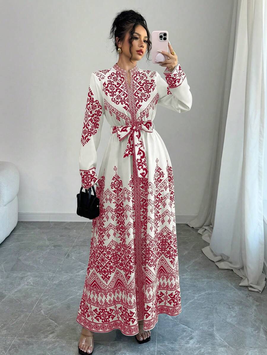 Elenzga Embroidered Floral Long Sleeve Cinched Waist Dress For Women Fall Cloth For Women - Multicolor - View 1