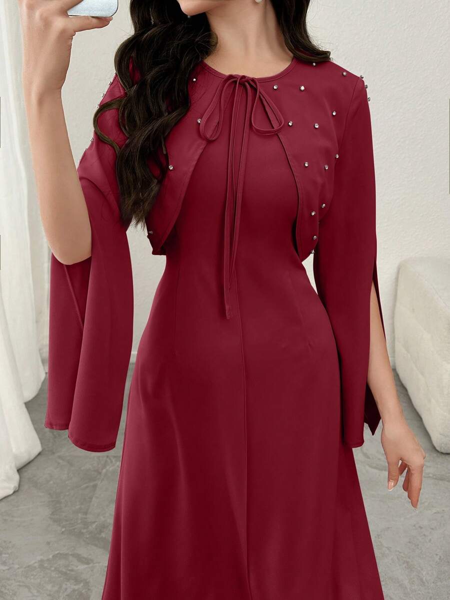 Modelyn 2 件套女士优雅短款夹克带钻石 + 修身紧身连衣裙套装，春夏 - 酒紅色 - 查看 1