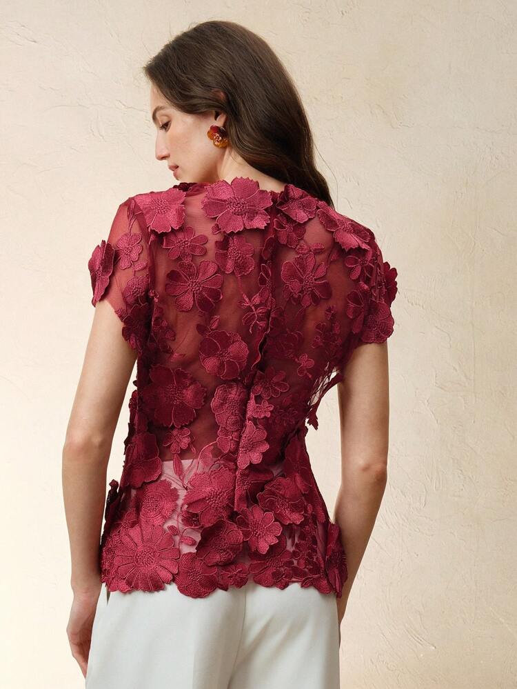Romantic Embroidery Floral Applique Multi-Color Positioned Embroidered Blouse