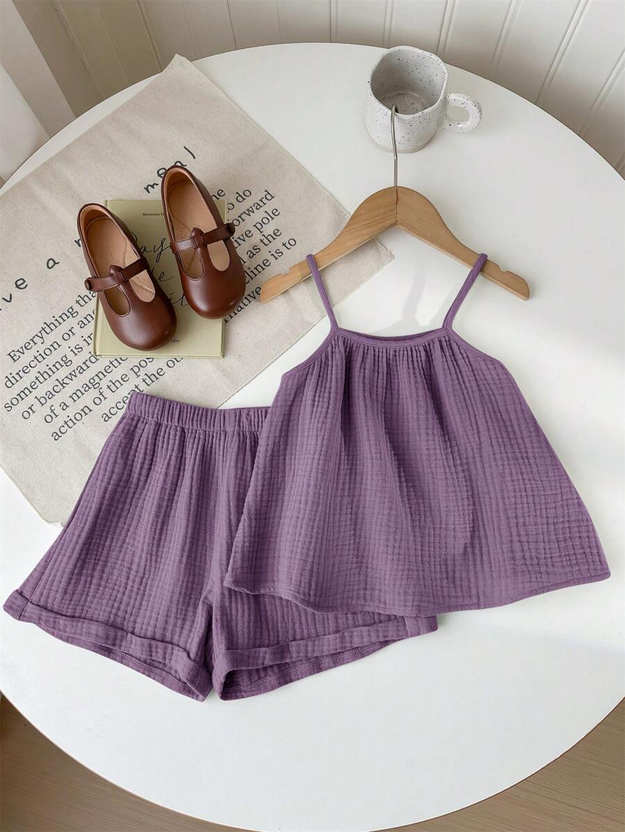 SHEIN LMoss Kids Bộ 2 món/Bộ áo ba lỗ dây mảnh rộng rãi thoải mái mùa hè cho bé gái và quần short viền bèo nhún, trang phục 2 món - Màu tím - Xem 1