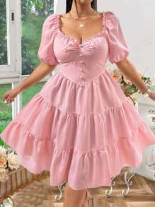 Flirla 大码女式 V 领荷叶边纽扣条纹提花 A 字形齐膝休闲优雅复古连衣裙，适合度假 - 粉色 - 查看 1