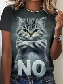 INAWLY Women's Casual 3D Cat Print Short Sleeve T-Shirt, Spring/Summer Black Top - Grey - View 1