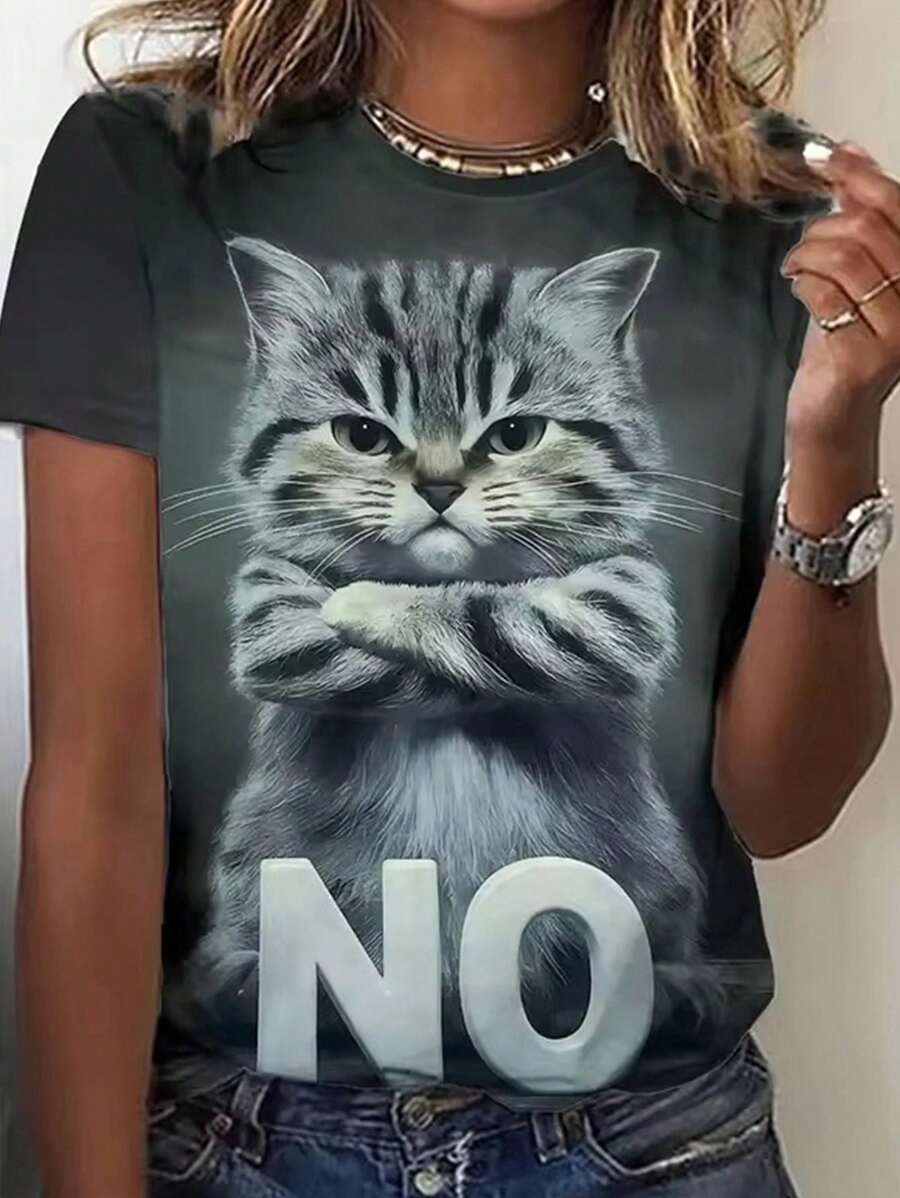 INAWLY Women's Casual 3D Cat Print Short Sleeve T-Shirt, Spring/Summer Black Top - Grey - View 1