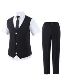 SHEIN 2pcs/Set Teen Boy Gentleman Suit: Slim Fit Vest + Textured Trousers, Elegant Formal Outfit For Birthday, Party, Wedding, Graduation Ceremony, Pageboy