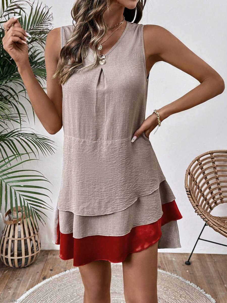 SHEIN LUNE Women's Contrast Buttons V-Neck Sleeveless Ruffle Hem Dress - Grey - View 1