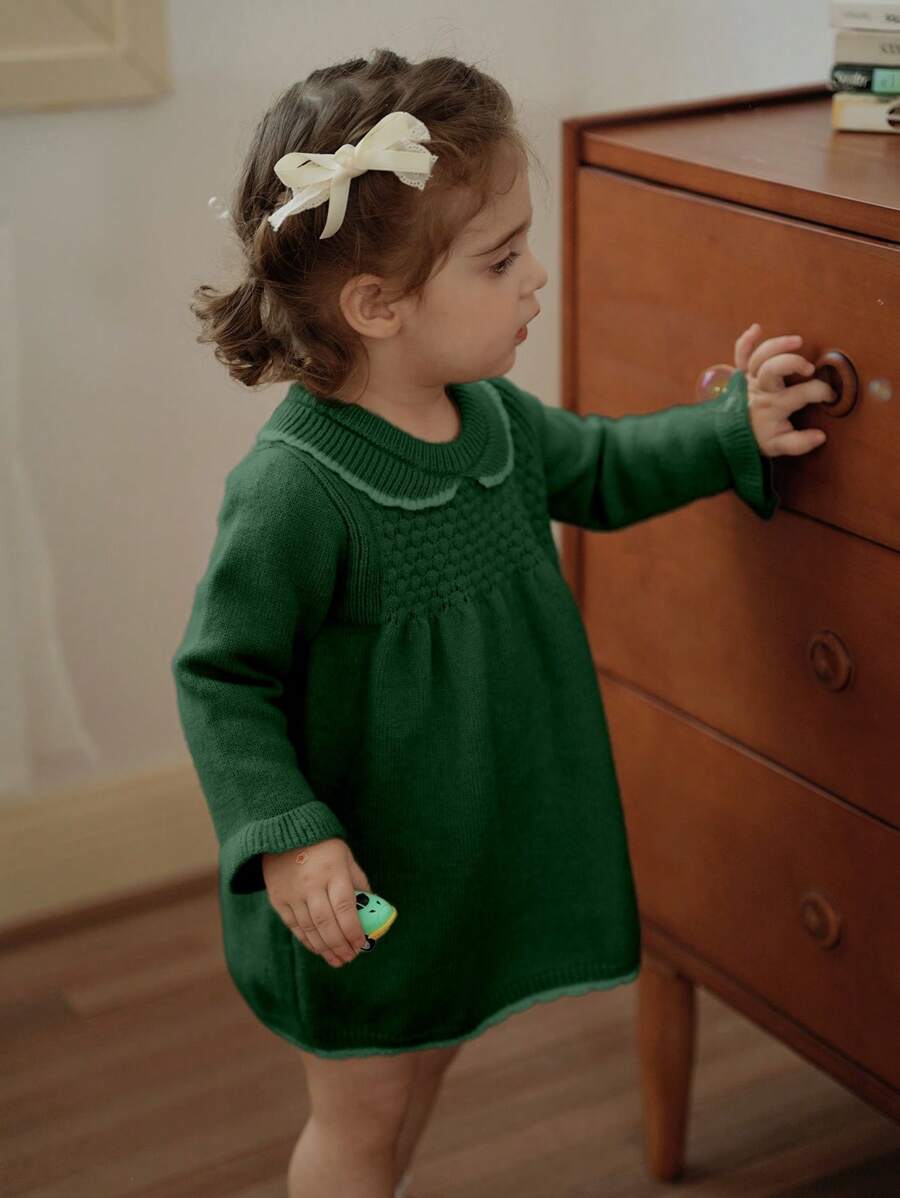 Baby Mädchen grünes gestricktes Kleid, geeignet für Zuhause, Ausgänge, Feste, Partys, Feierlichkeiten im Herbst/Winter - Dunkelgrün - Übersicht 1