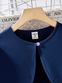 SHEIN 2pcs/Set Valentine's Day Tween Girls Ruffle Puff Sleeve Cardigan & Floral Print A-Line Dress Elegant Spring/Summer Outfit - Royal Blue - View 6