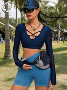 Innovista Women Navy Blue Gym Activewear Sports T Shirt,Autumn Athleisure Hollow Out Backless Breathable Mesh Padded Workout Top,Moister-Wicking Fitness Gear - Navy Blue - View 2