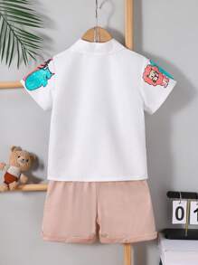 SHEIN Conjunto de 2 peças/camisa polo gráfica com estampa animal para meninos e shorts casuais com punho, padrão de rabiscos engraçados, casual/fofo, adequado para uso diário, escola, atividades ao ar livre no verão - Multicolorido - Ver 2