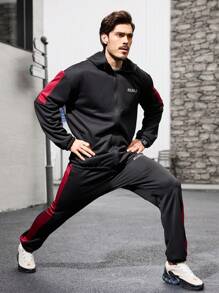 Gym Rark Conjunto deportivo de chaqueta con capucha y pantalones con bloque de color y estampado de letras para hombres, conjunto de gimnasio, conjunto de entrenamiento - Negro - Ver 4